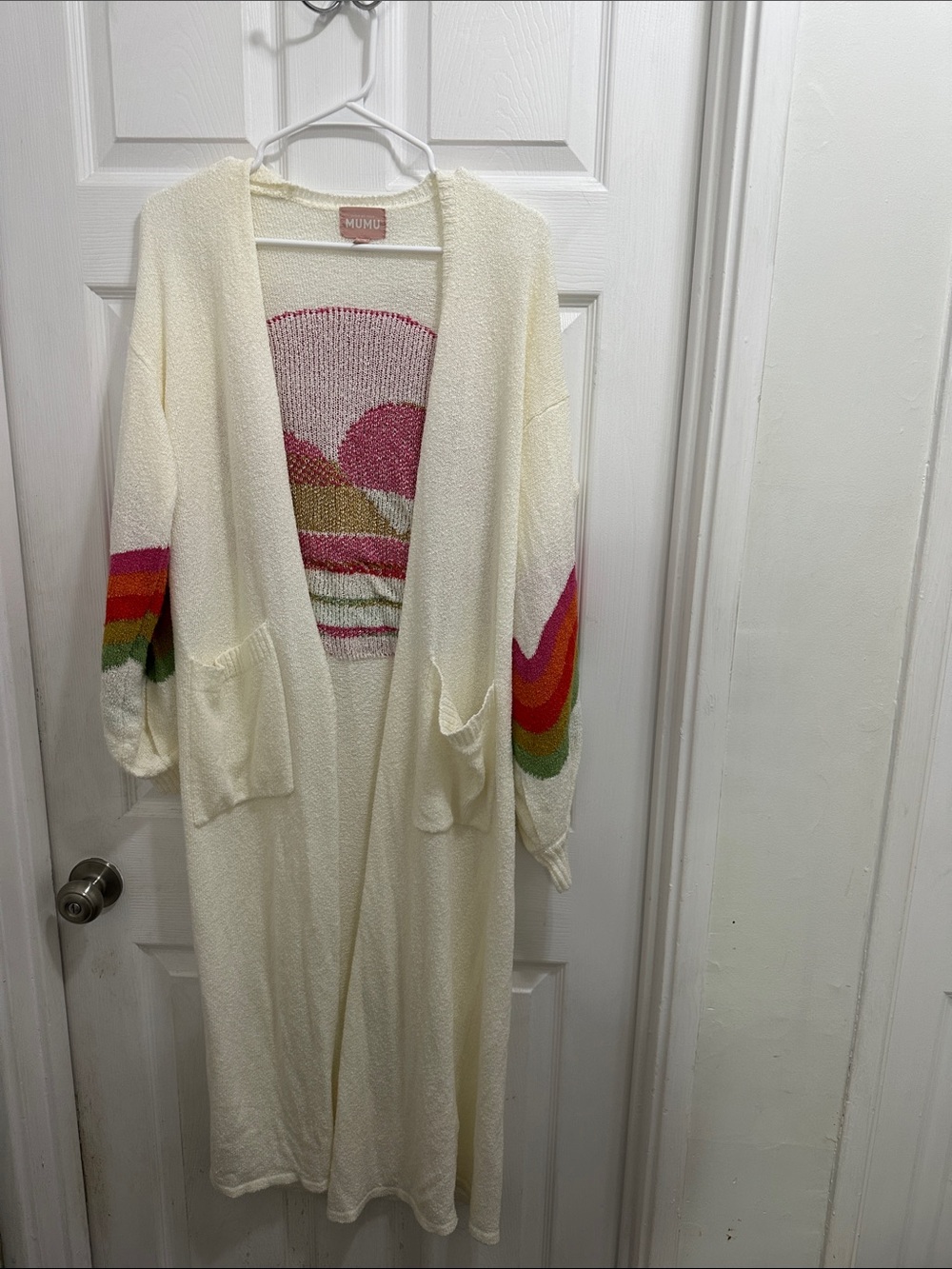 Show Me Your MuMu Sunset Cream Open-Front Cardigan with Rainbow Sleeve Stripes